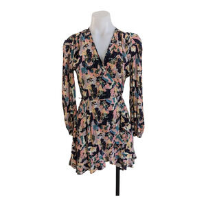 IRO Size 36 US 4 Bloomy Mini Wrap Dress Pink Black Floral Puff Long Sleeve